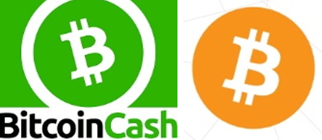 Bitcoin和Bitcoin Cash徽标。屏幕截图。